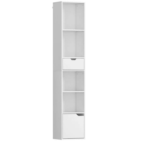White tall narrow 6-tier bookcase with drawer and closed bottom cabinet door