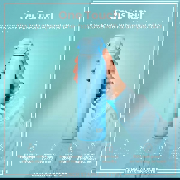 A light-blue ION8 water bottle is held; its flip top opens one-handed. The bottle features triple lock security and is 100% leak-proof. It's described as "Quench Stainless Steel."