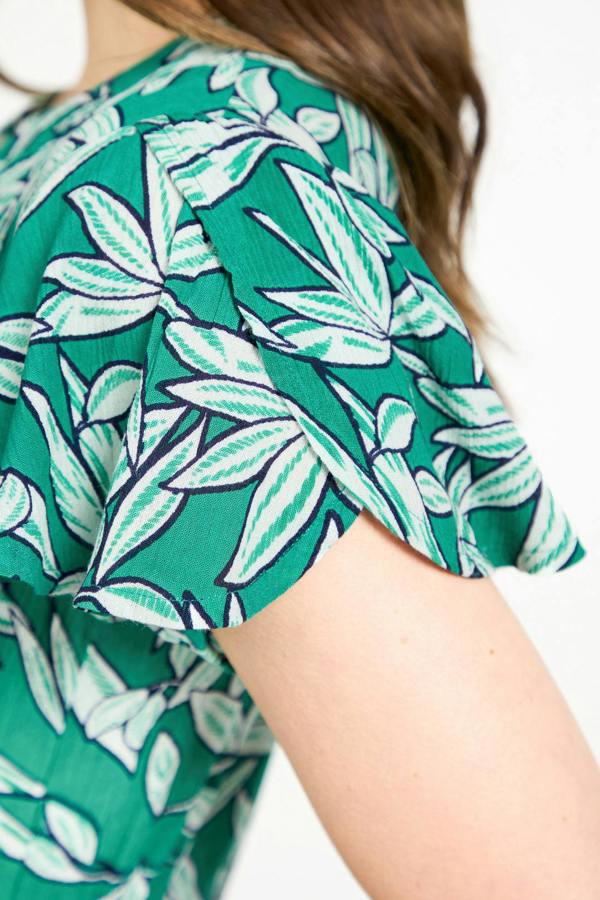 Mudflower Leaf Print Button-Up Elasticated Tie-Front Flared Midi Dress
