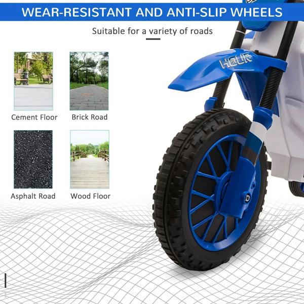 Blue and white kids electric ride-on motorcycle with wear-resistant anti-slip wheel tread