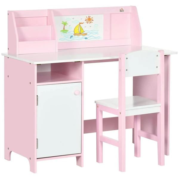 Kids desk and chair set with pink frame, whiteboard panel and matching chair