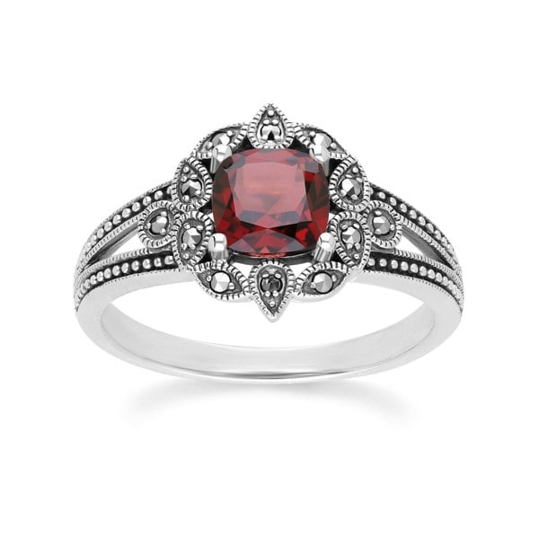 Gemondo Art Deco Style Cushion Garnet & Marcasite Ring in Sterling Silver