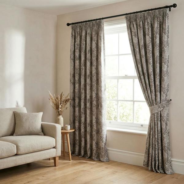 Royan made-to-measure curtains in Dove, styled in a living room
