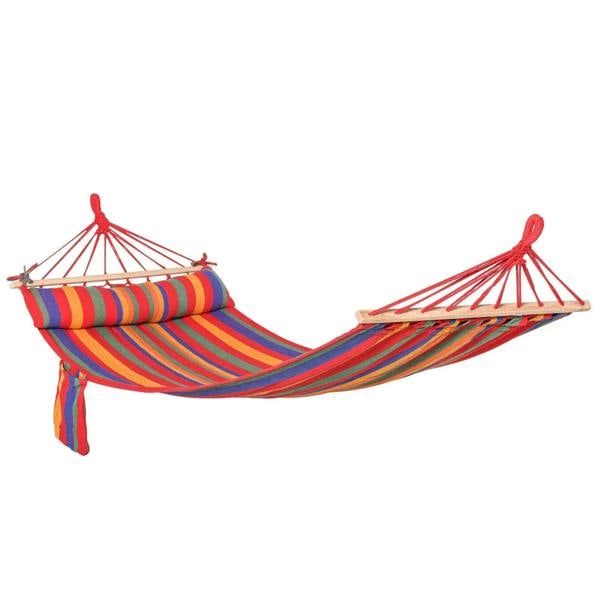 Rainbow striped cotton hammock swing with built-in headrest and red rope ends