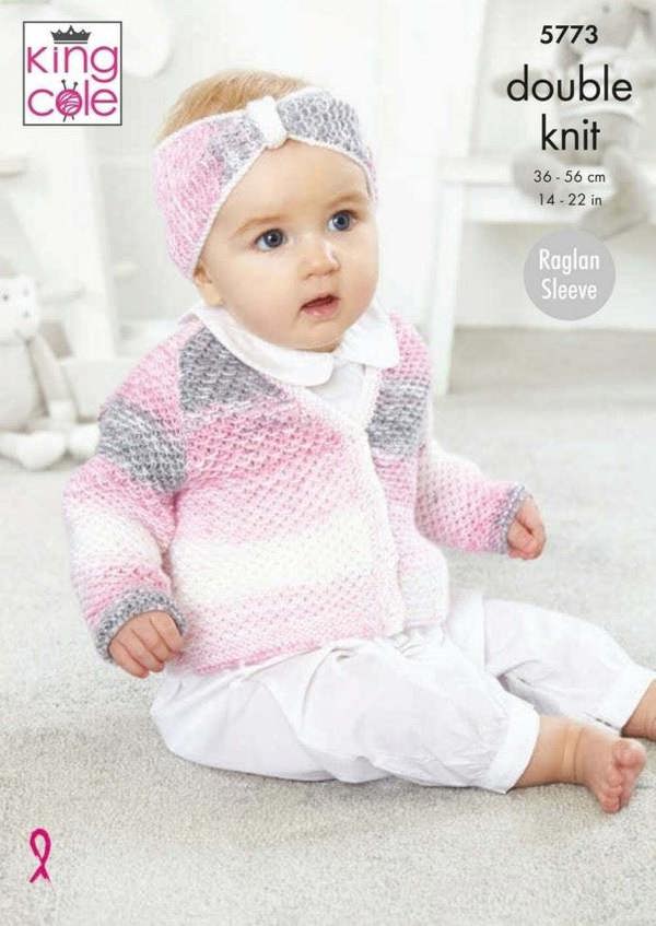 King Cole Baby Pure DK Knitting Pattern 5773, Cardigans, Headwear for Baby, 14 - 22 Inches