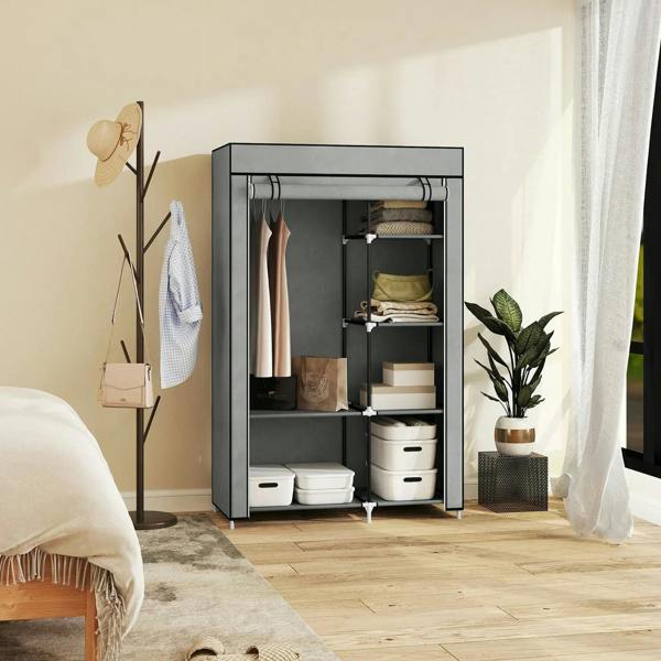 Light grey fabric wardrobe cabinet with hanging rail and multiple storage shelves