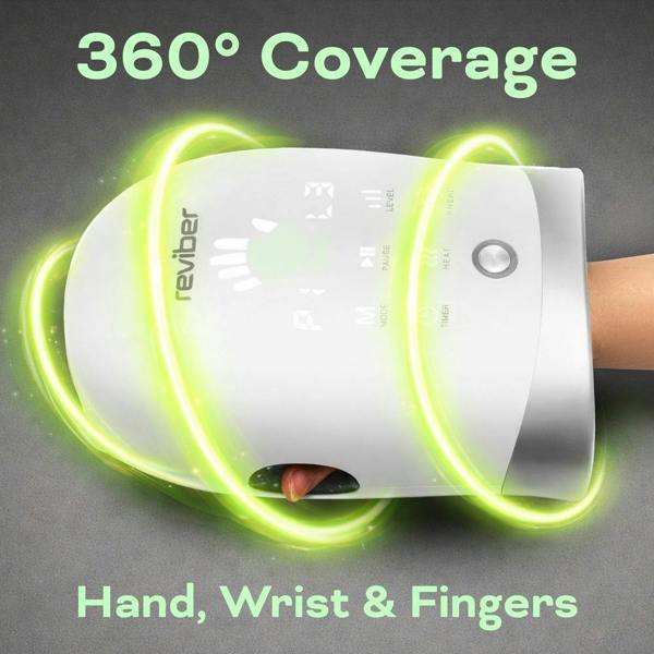 A white Reviber Hand Spa Massager with Heat & Finger Stretch covers a hand, while glowing green light rings swirl around it. Experience 360° coverage with targeted shiatsu massage for your hand, wrist, and fingers using gentle air compression. The brand name reviber appears on the device.