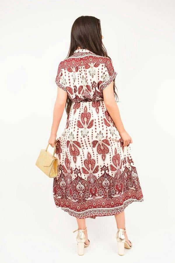 Lianne Collared Short Sleeve Midi Dress With Tie Waist - Red