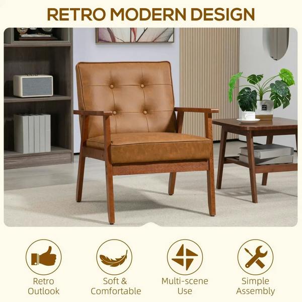Brown retro accent chair with tufted back, padded seat, and wooden legs.