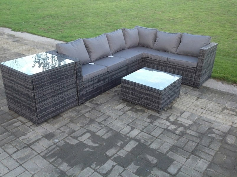 Fimous Rattan Corner Sofa Set Garden Furniture With Coffee Tall Table And Side Table