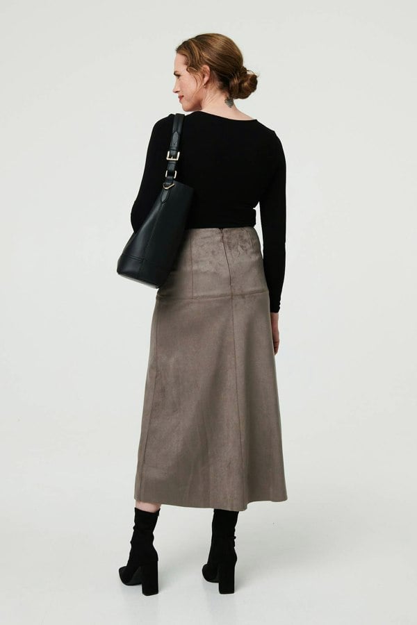 Grey | Faux Suede A-Line High Waist Midi Skirt
