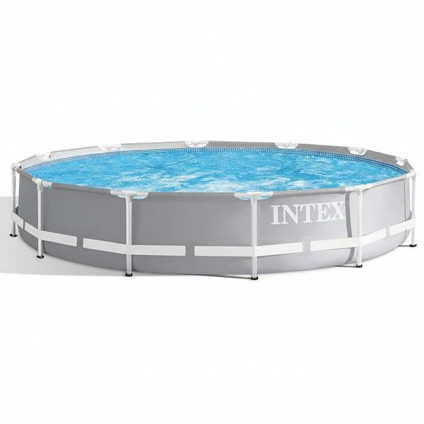 An Intex prism metal frame swimming pool with a multi-colored liner, blue water, and gray metal frame.