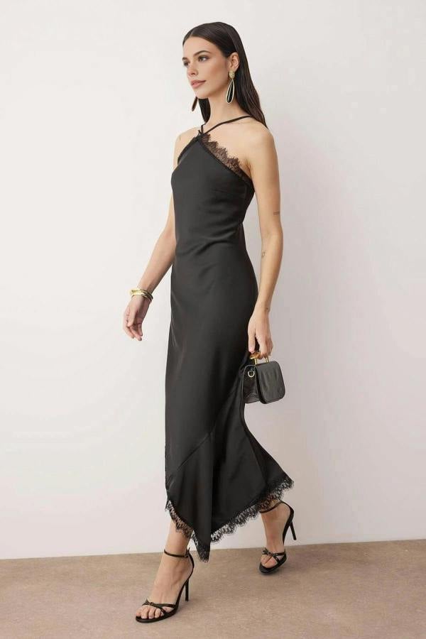 WOVCOR Lace-Detailed Woven Satin Midi Unlined Evening Dress