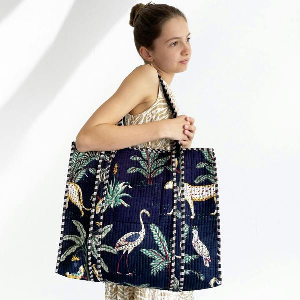 Hayley & Co Jungle Print Large Quilted Cotton Tote Shoulder Bag in Navy Blue