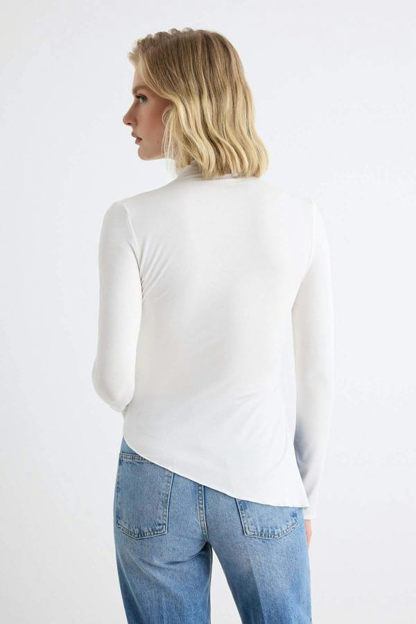 WOVCOR High Neck Asymmetric Long Sleeve Fitted Blouse