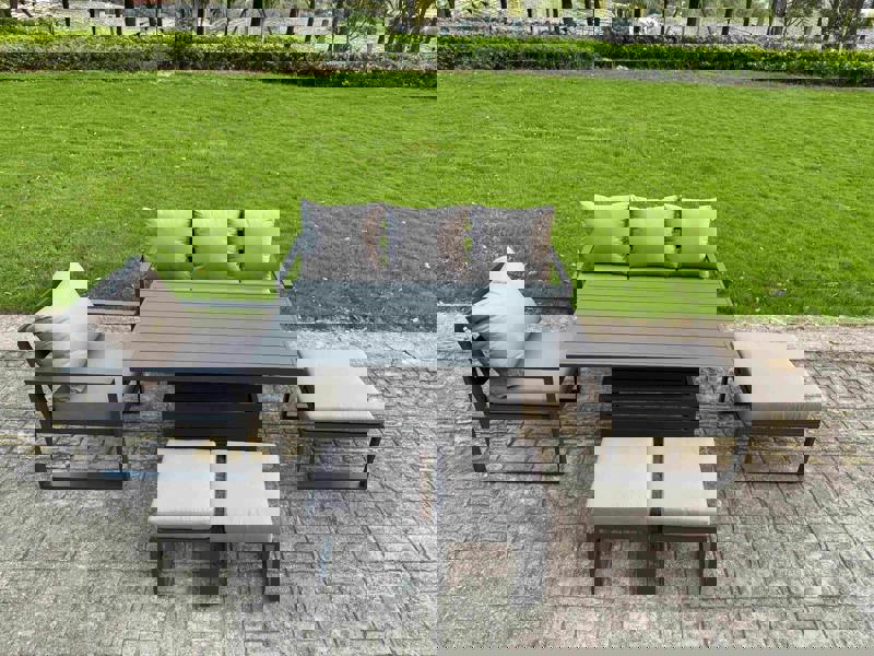 Fimous 7 Seater Aluminium Outdoor Dining Set with Adjustable Rising Dining Table Chairs with 3 Footstools - Dark Grey