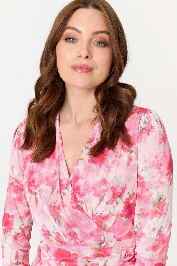 Pink | Floral Pleated Shirred Wrap Midi Dress
