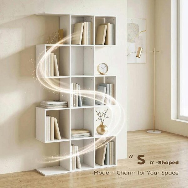 5-Tier Bookshelf, S Shaped Geometric Bookcase with 15 Compartments, White Wood Effect