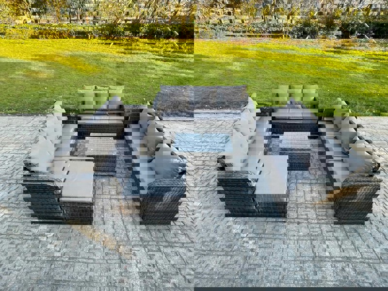 Fimous Rattan Lounge Sofa Set 10 Seater Outdoor Garden Furniture Set with Rectangular Coffee Table 3 Seater Sofa Big Footstool Dark Grey Mixed