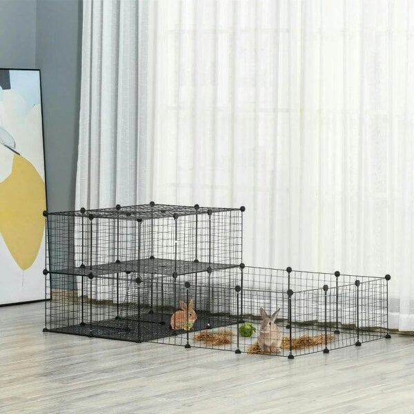 Pet Playpen with Door, Guinea Pigs Metal Mesh Cage for Small Animal, Chinchilla, 175 x 105 x 70 CM, Black - Black