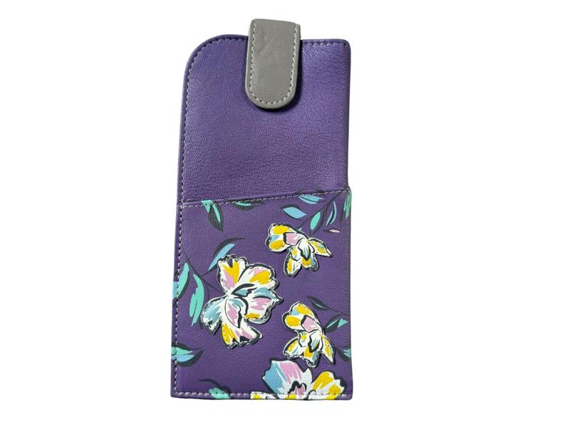 Mala Leather Zinnia Genuine Leather Floral Wide Fit Glasses Case - Purple