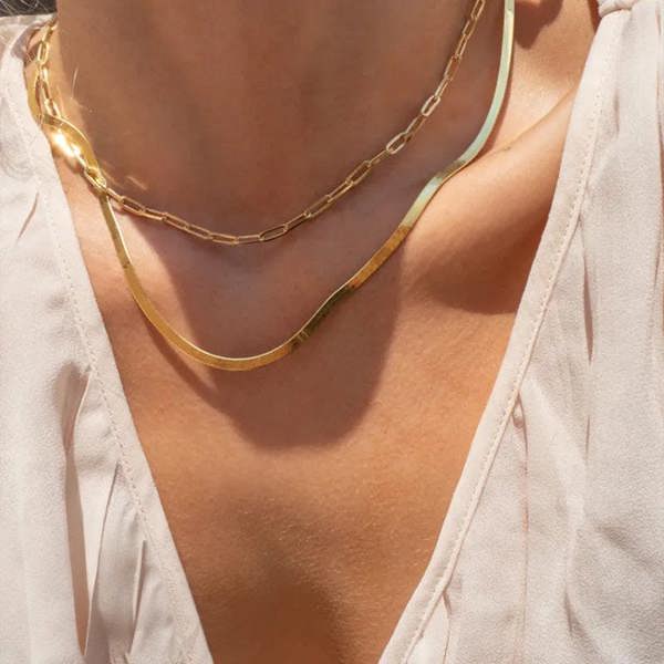 Elk & Bloom Double Chain Set - Herringbone & Paperclip Choker 14K Gold