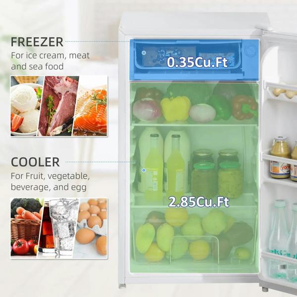 Open freezer and cooler compartments in white mini fridge with food containers and bottles.