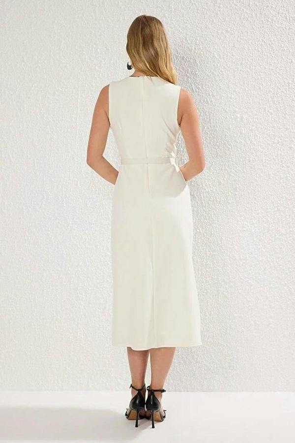 Belted A-Line Button Detail Midi Dress
