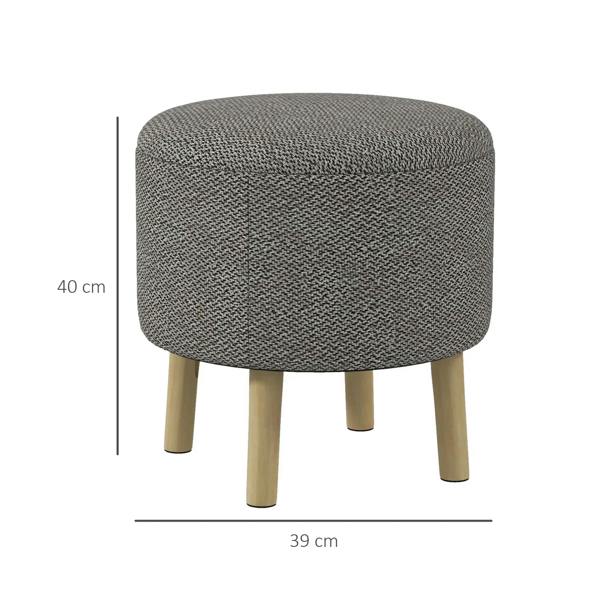 Light grey round storage ottoman with tufted top and wooden legs