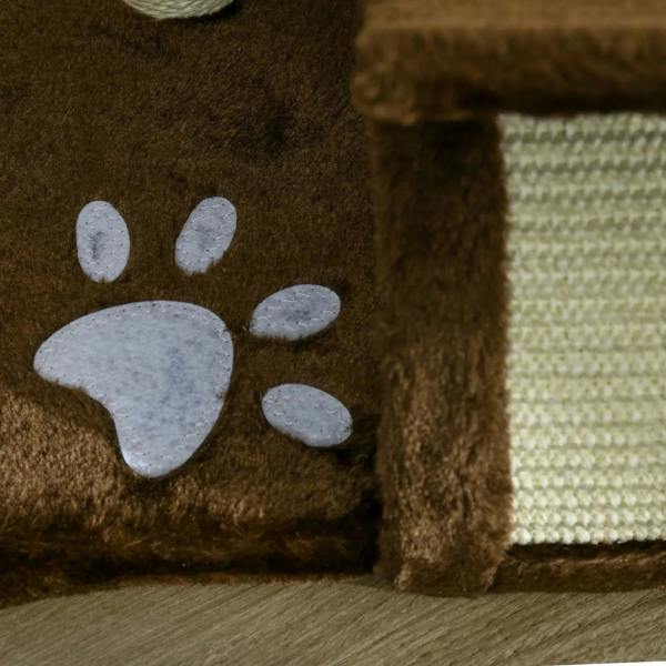 Brown cat tree side panel with paw-print design and cream woven scratching insert