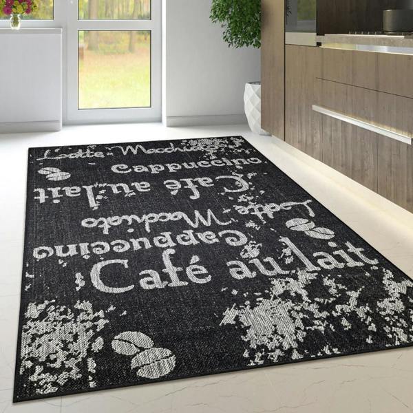 Non-Slip Black Kitchen Rug Coffee Pattern Flat Weave Sisal Look Area Mat and Runner