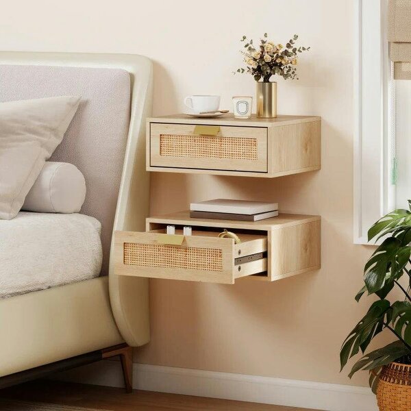 Floating Bedside Tables Set of 2, Wall Mounted Bedside Cabinets with Rattan Drawer and Wood Effect, Oak - Oak