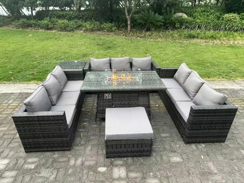 Fimous 10-Seater Rattan Outdoor Gas Fire Pit Dining Set | Sofa, Side Table, Footstool | Dark Grey