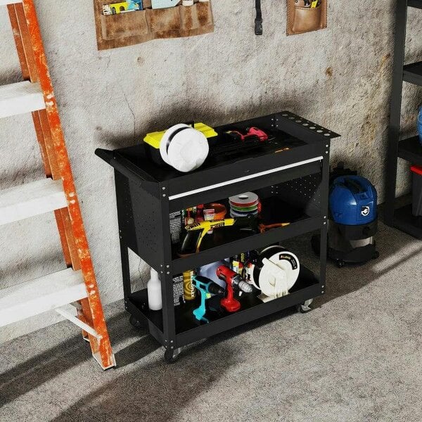Bobobiy 3-Tier Tool Trolley Cart Storage Shelf Roller Cabinet DIY Box Garage Workshop with Drawer Black