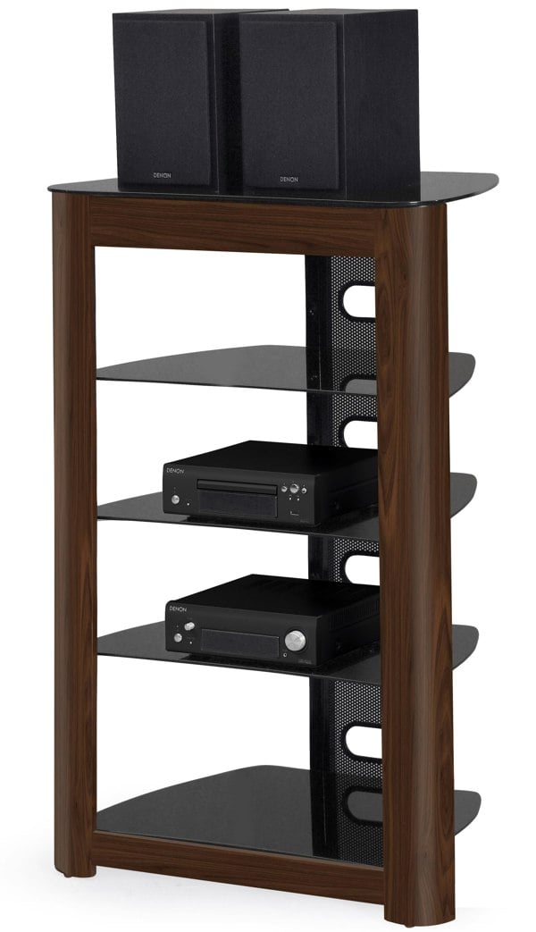 Centurion Supports Zinnia 5-Shelf Black Glass with Walnut Fascia Flat Screen TV/Hi-Fi/AV Rack Glass Stand
