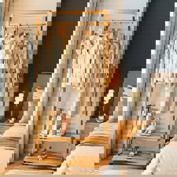 Modcraft Rolling Bamboo Clothes Rail with Shelf – Heavy Duty Wooden Garment Hanging Stand with Wheels