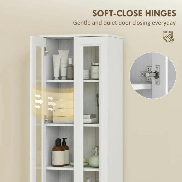Tall Bathroom Storage Cabinet, 6-Tier Slim Bathroom Cabinet with Adjustable Shelf, 4 Soft-Close Doors, White