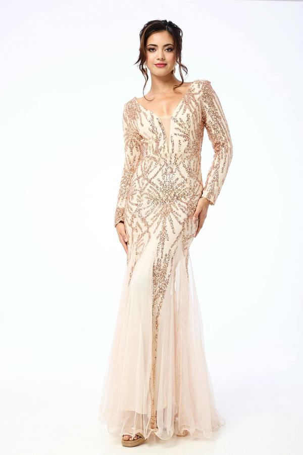LuvForever Aya - Gold Long Sleeve Sequin Maxi Dress