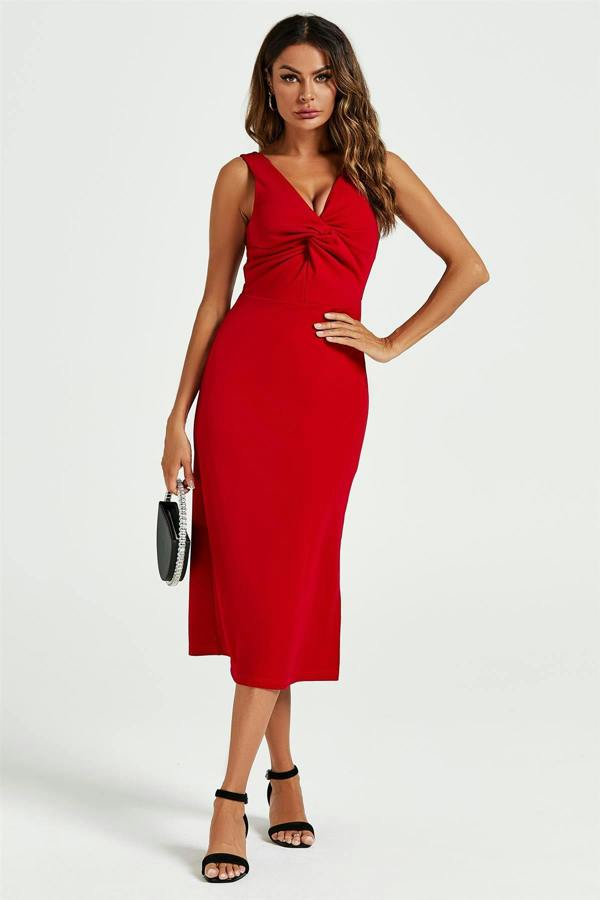 FS Collection V Neck Knot Front Midi Dress In Red