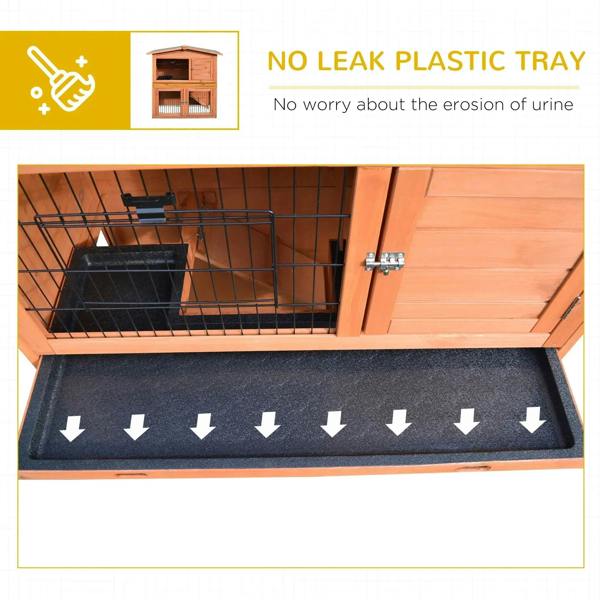 2-tier rabbit hutch interior with dark tray base and wire cage walls under the wooden door