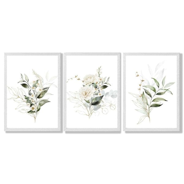 White an Green Floral Bouquets Set of 3 Framed Art Prints with White Wooden Frames