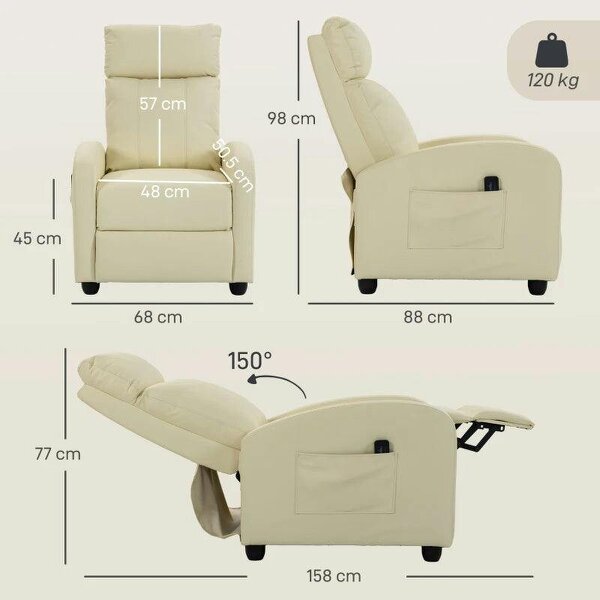 Recliner Armchair, Massage Faux Leather Push Back Reclining Chair with Adjustable Leg Rest, Side Pocket, Cream White