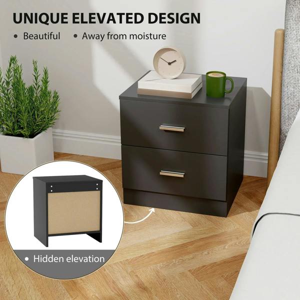 Black elevated two-drawer bedside table with silver bar handles