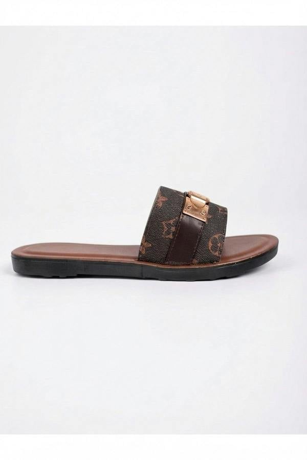 Amber Patterned Slider Sandals - Brown_wb