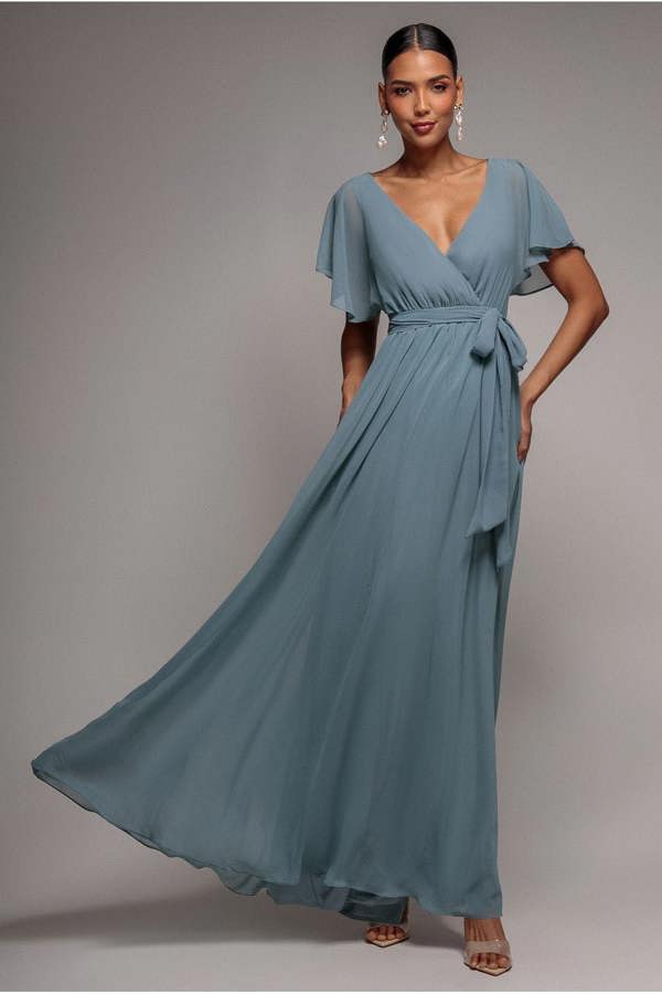 Chiffon Flutter Sleeve Wrap Maxi Dress - Dusty Blue DR2486