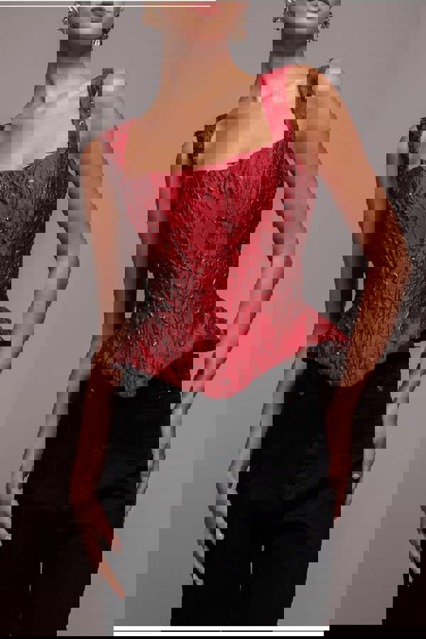 Sleeveless Jacquard Lace Up Back Corset - Red T265