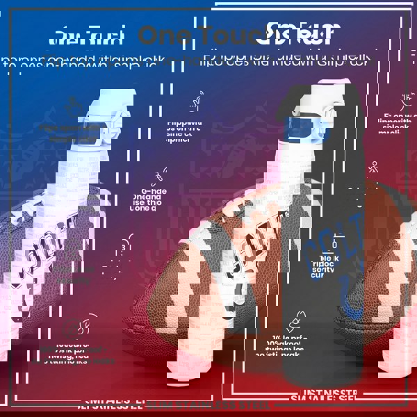 A slim stainless steel water bottle, with a flip top that opens one-handed, rests beside an American football. The bottle features Colts and "For the Shoe" text repeated across its surface.