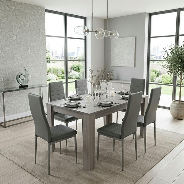 Kosy Koala Modern Dining Table Set With 6 Grey Faux Leather Chairs Dining Room Furniture