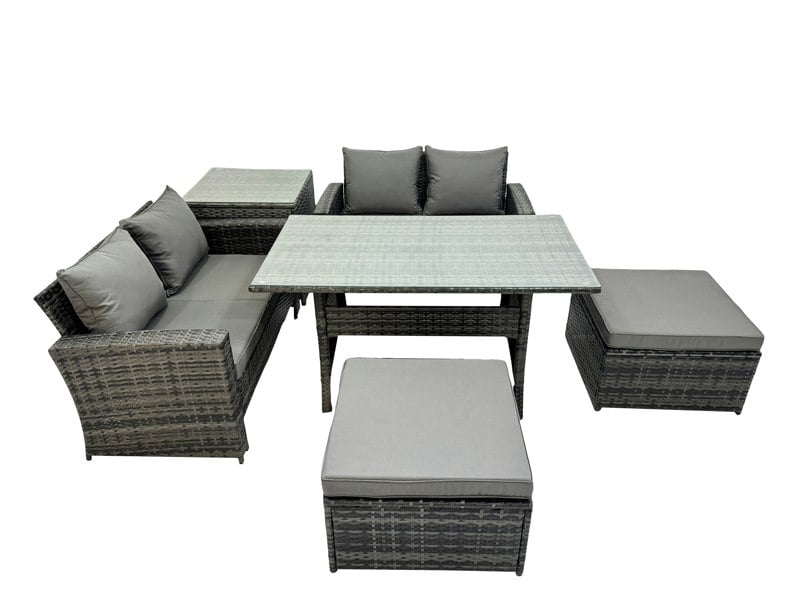 Fimous 6 Seater Wicker PE Rattan Furniture Outdoor Dining Table Double Seat Sofa Side Table 2 Big Stools Set Dark Grey Mixed