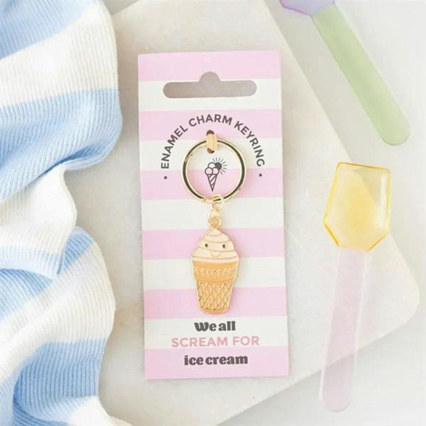 Ice cream cone charm keyring on card backing with circular ring and cone pendant